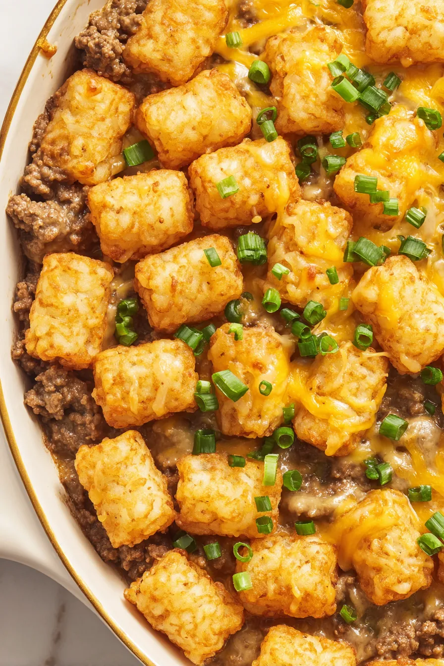 Close-up of cheesy casserole with tater tot topping
