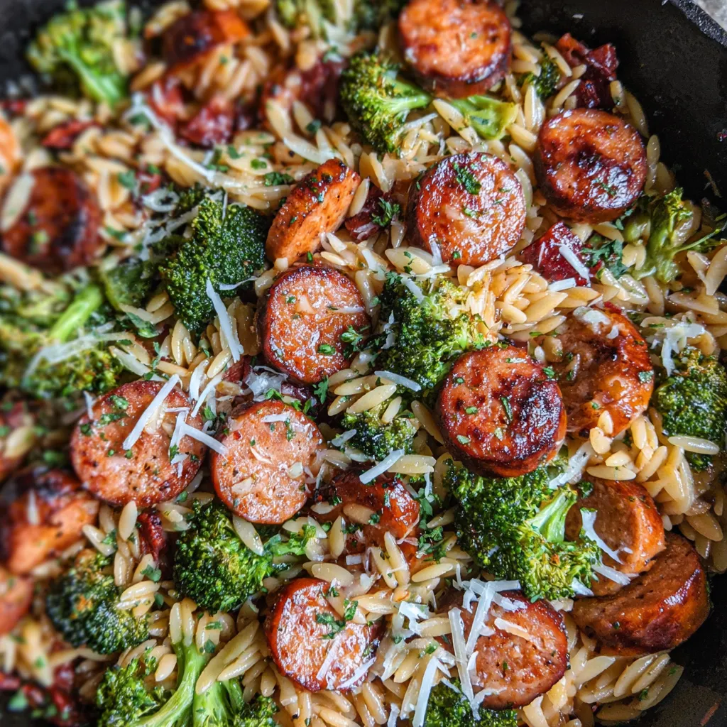 Chicken Sausage, Broccoli, Orzo Skillet