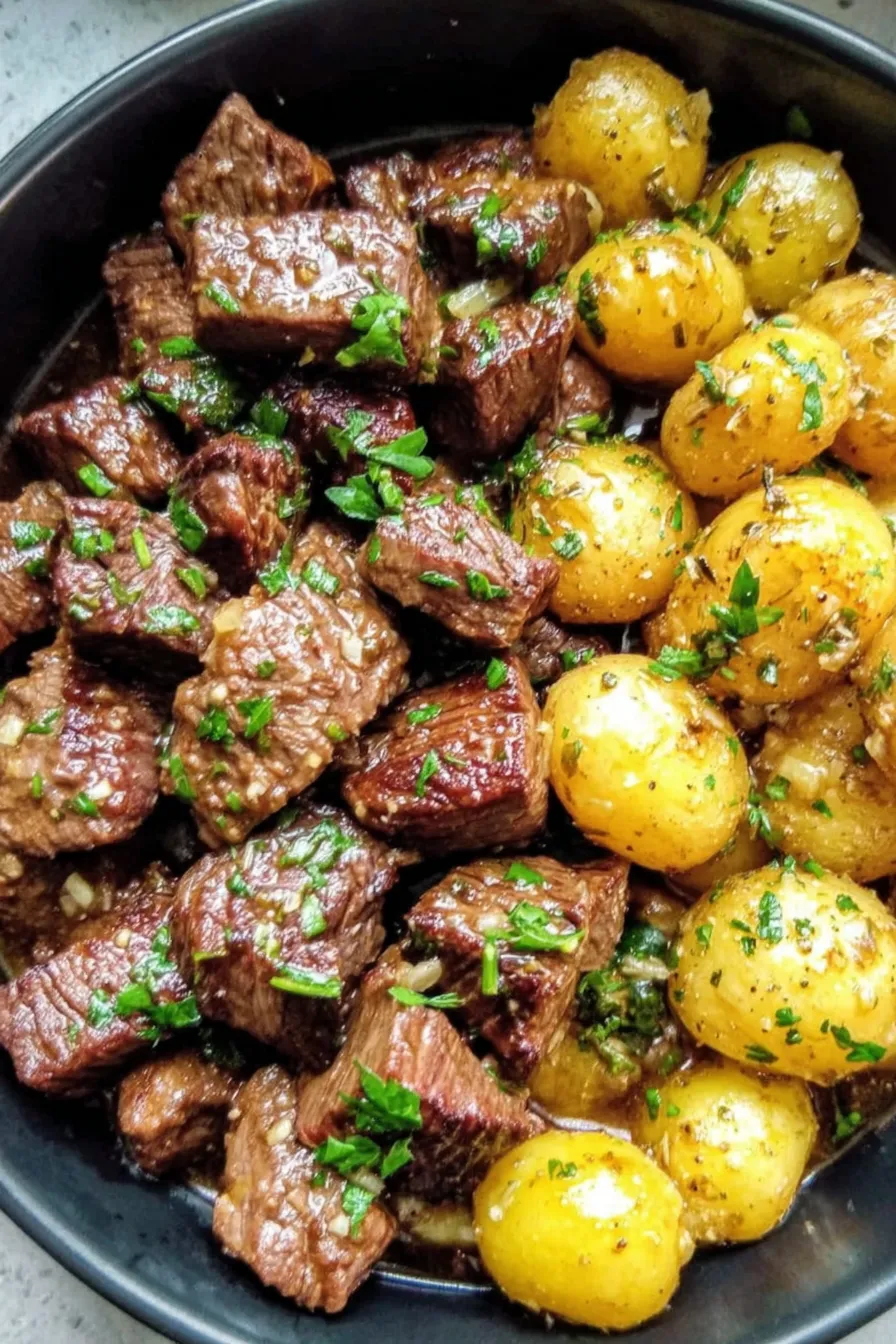 Slow cooker filled with garlic butter beef and potatoes ready to serve