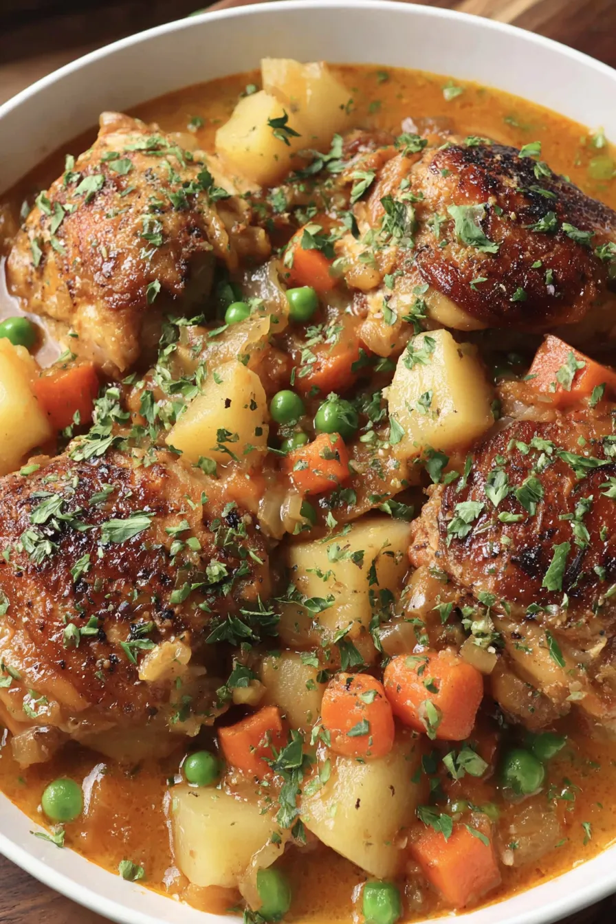 Bowl of chicken stew garnished with parsley