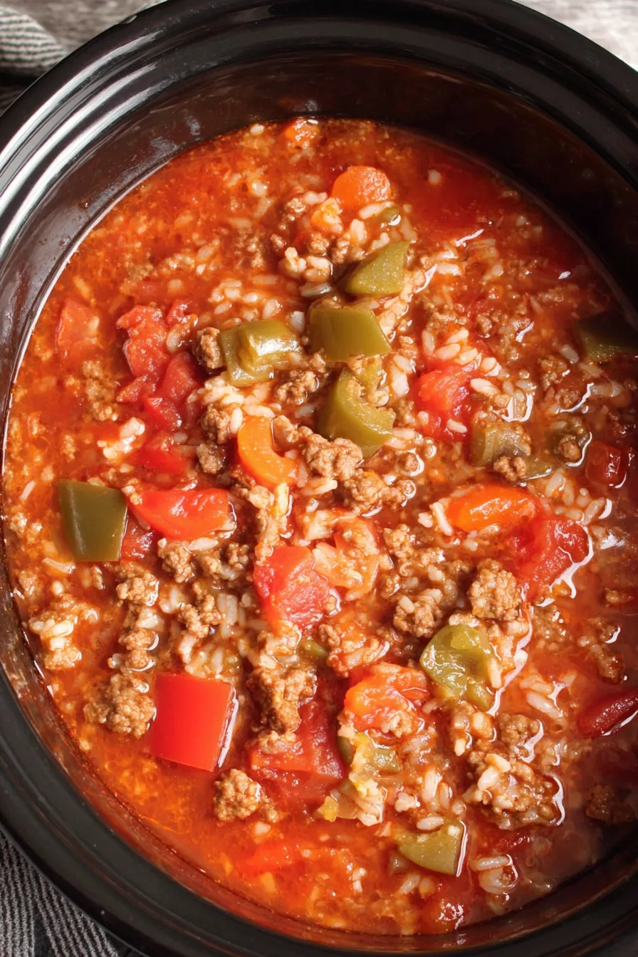 Slow cooker stuffed pepper soup in a bowl