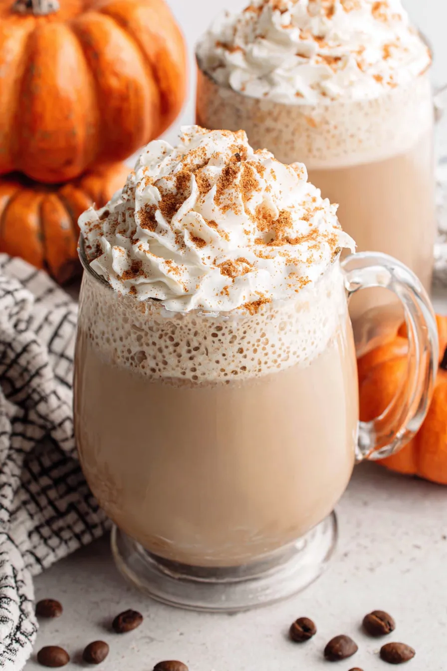 Close-up of a glass of pumpkin eggnog garnished with whipped cream