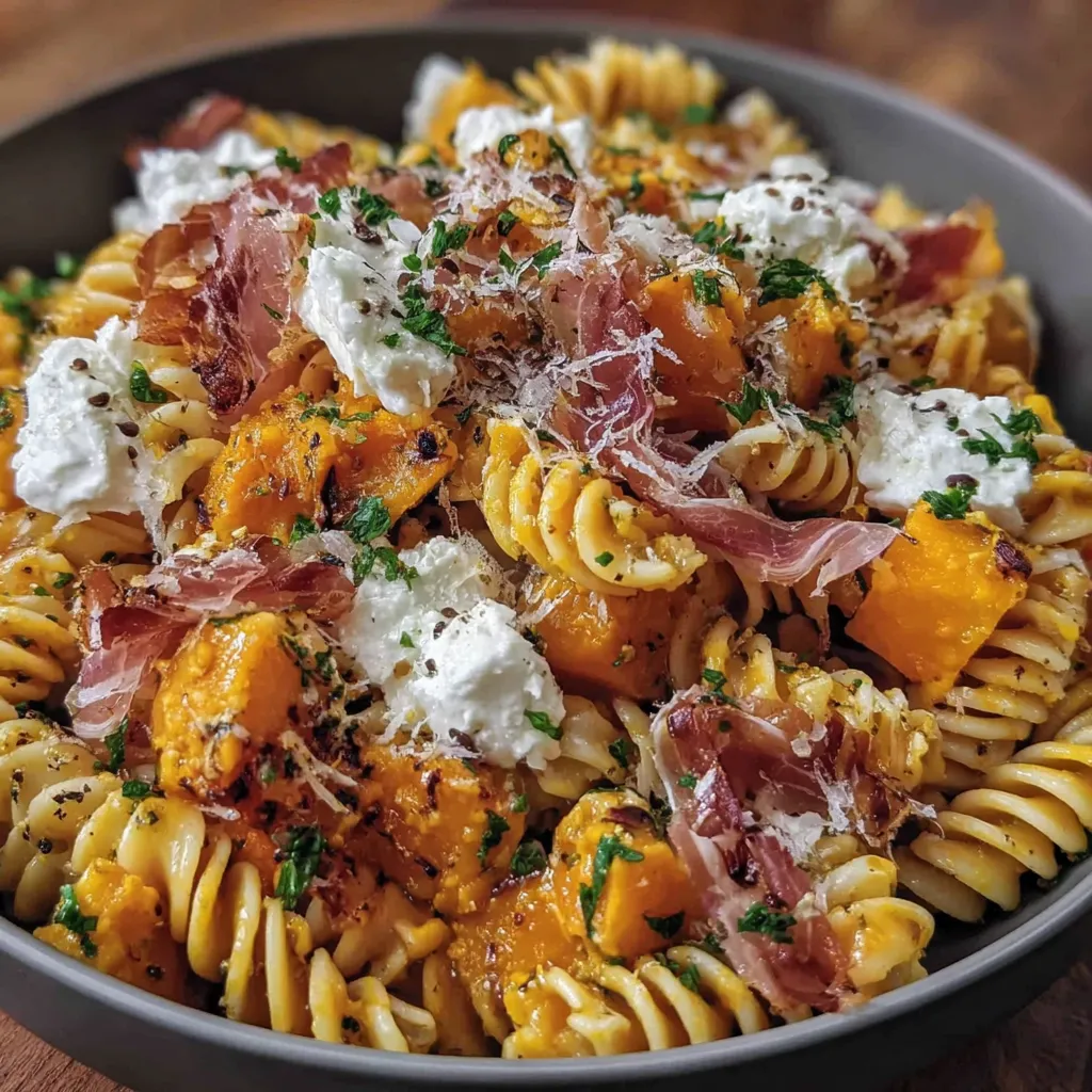 Pumpkin Pasta Salad with Goat Cheese & Crispy Prosciutto