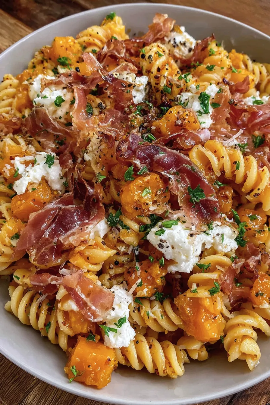 Roasted pumpkin cubes with pasta