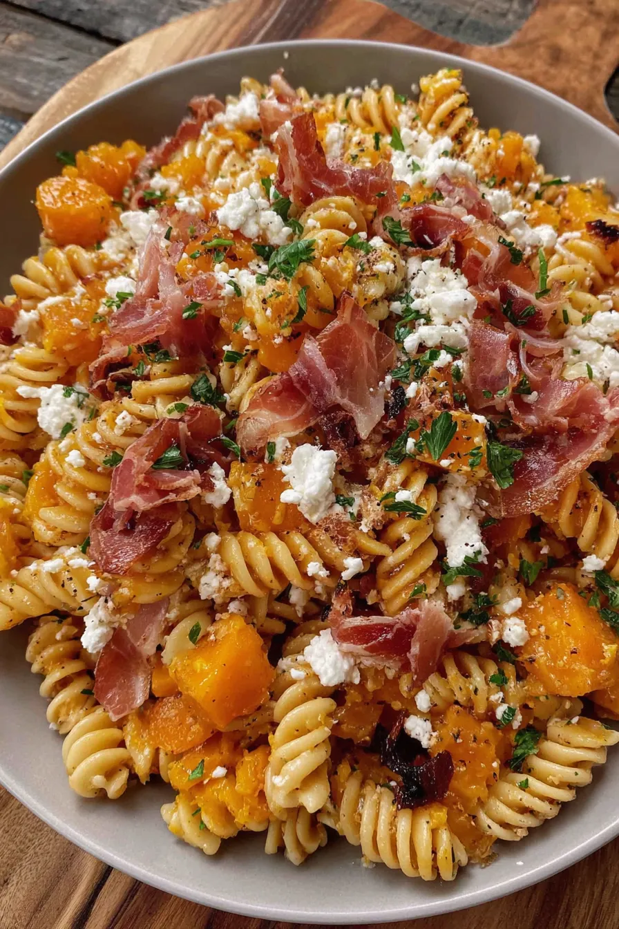 Finished pumpkin pasta salad with prosciutto