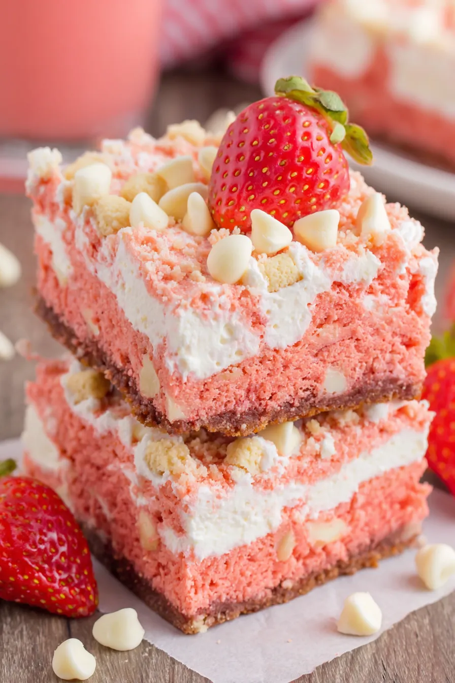 Strawberry Crunch Brownies - sliced in baking dish