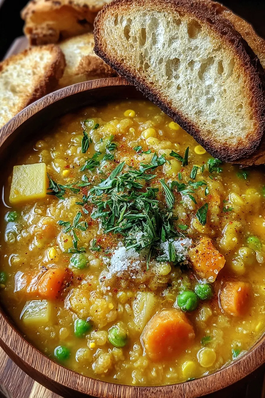 Close-up of creamy texture of pea soup