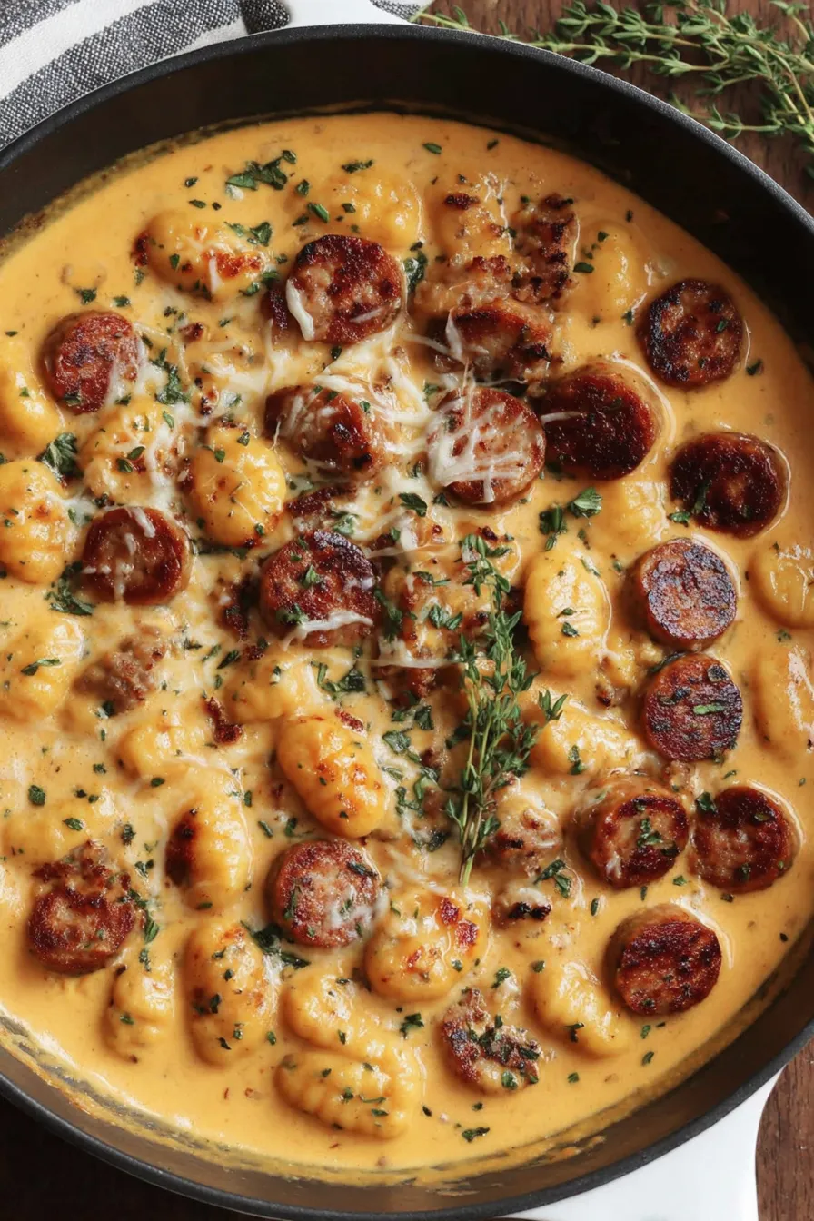 Creamy gnocchi pan with sausage and herbs