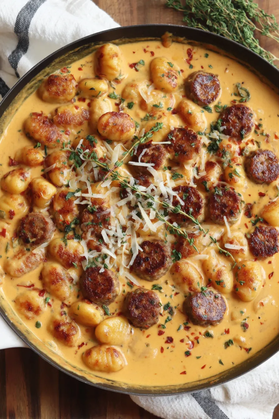 Plated gnocchi with fresh herbs and sausage