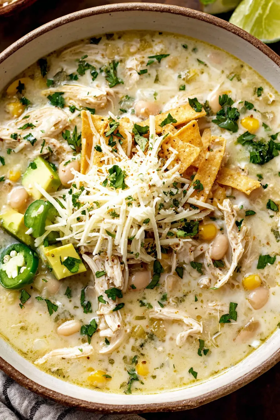Creamy White Chicken Enchilada Soup in a bowl with toppings