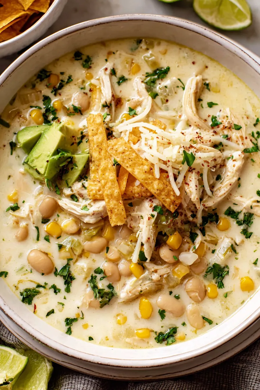 Spoon lifting creamy white chicken enchilada soup with cilantro and avocado