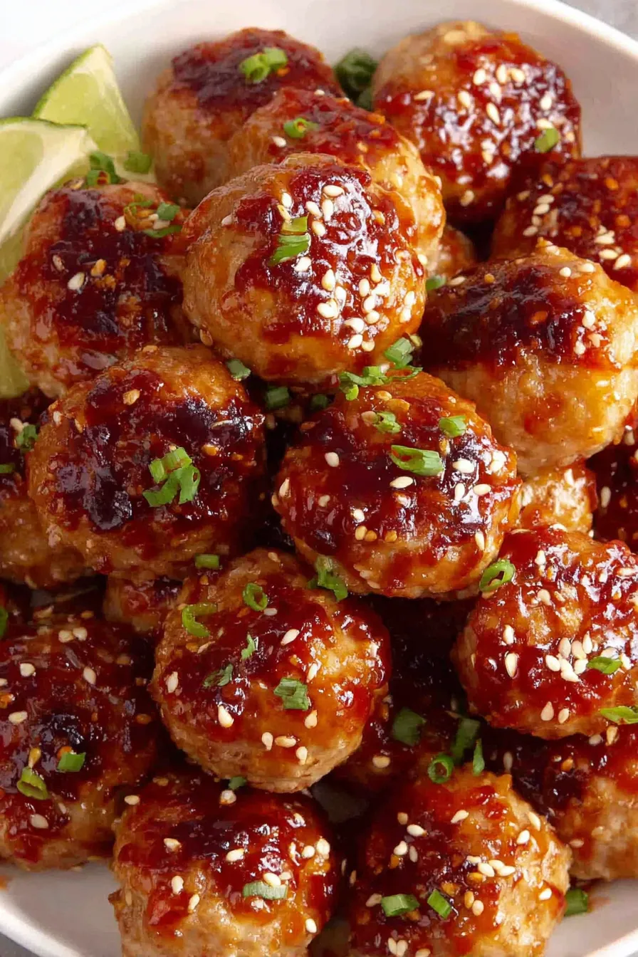 Sheet pan with sesame ginger chicken meatballs glazed and garnished