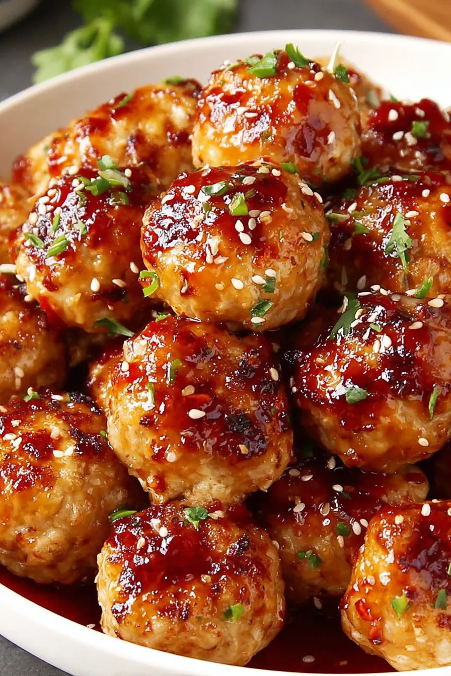 Close-up of glazed chicken meatballs topped with sesame seeds