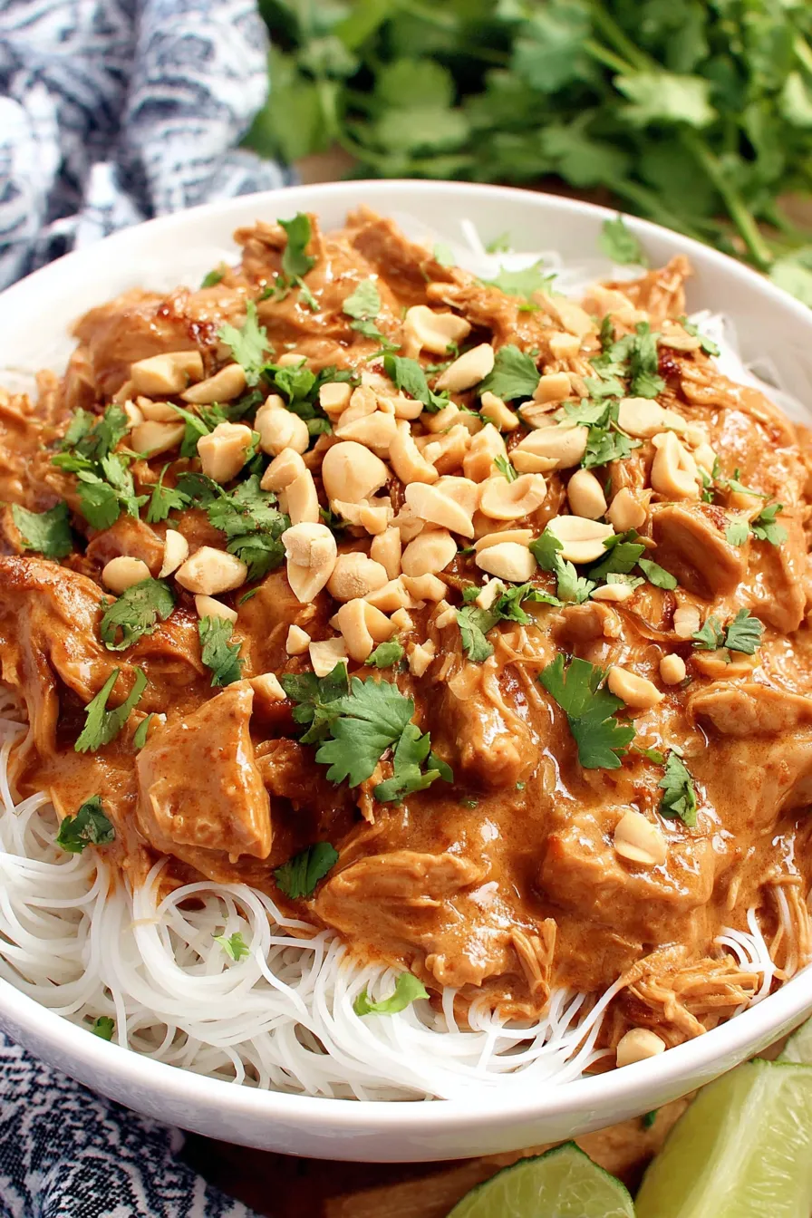 Shredded Thai peanut chicken in a slow cooker