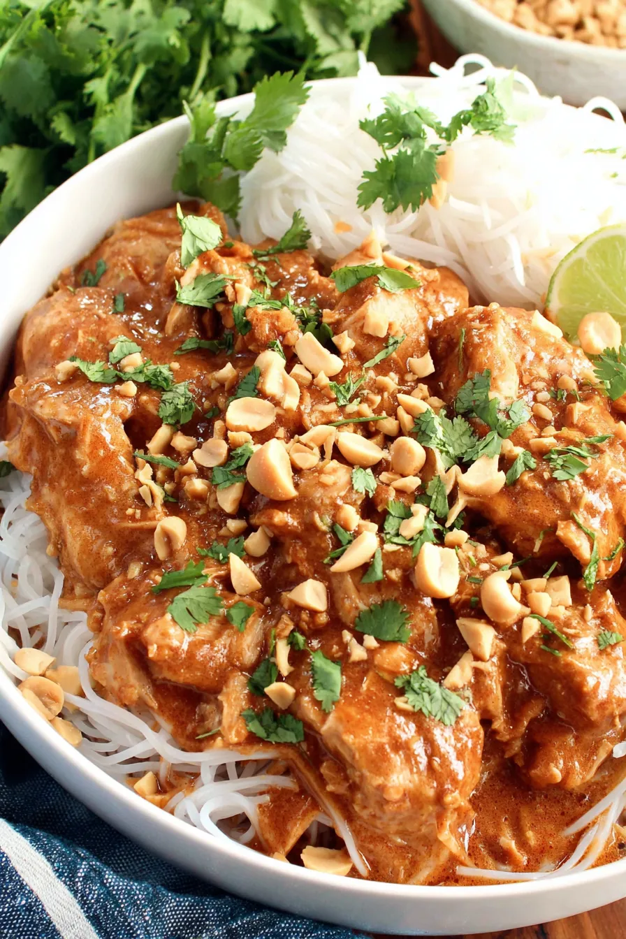Served Thai peanut chicken with chopped peanuts and cilantro
