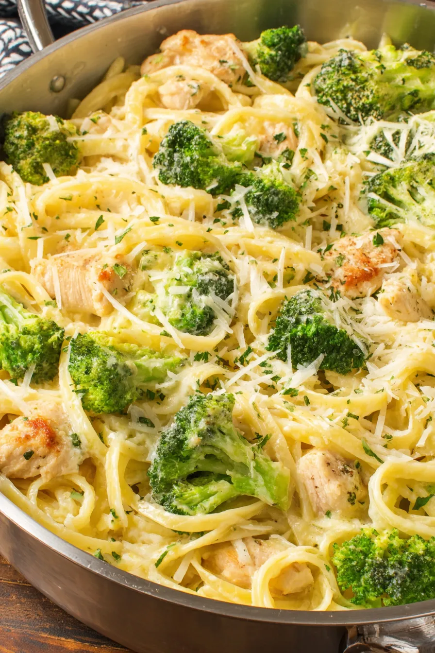 Creamy chicken broccoli alfredo in a skillet