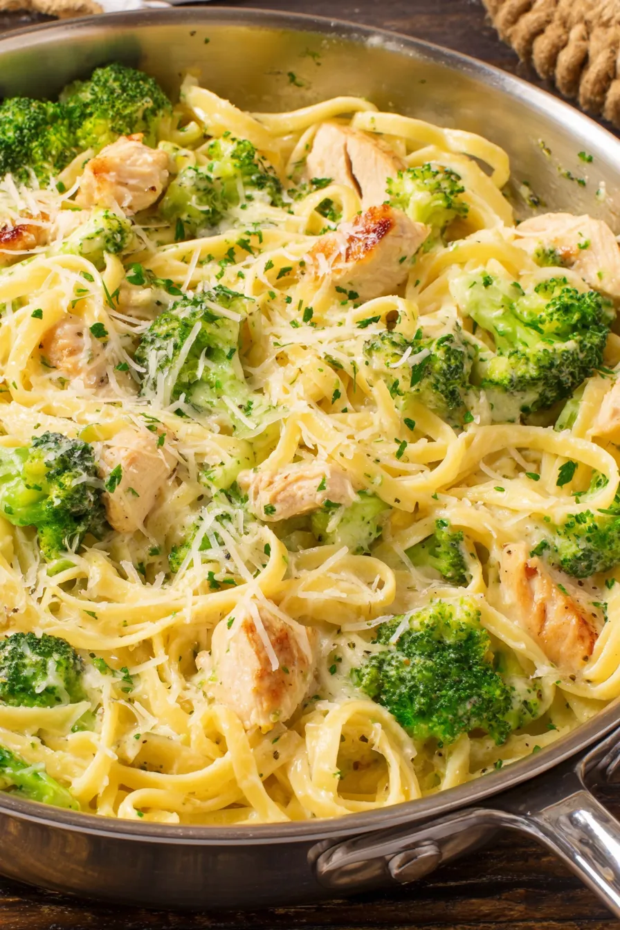 Plated chicken broccoli alfredo with parsley and parmesan