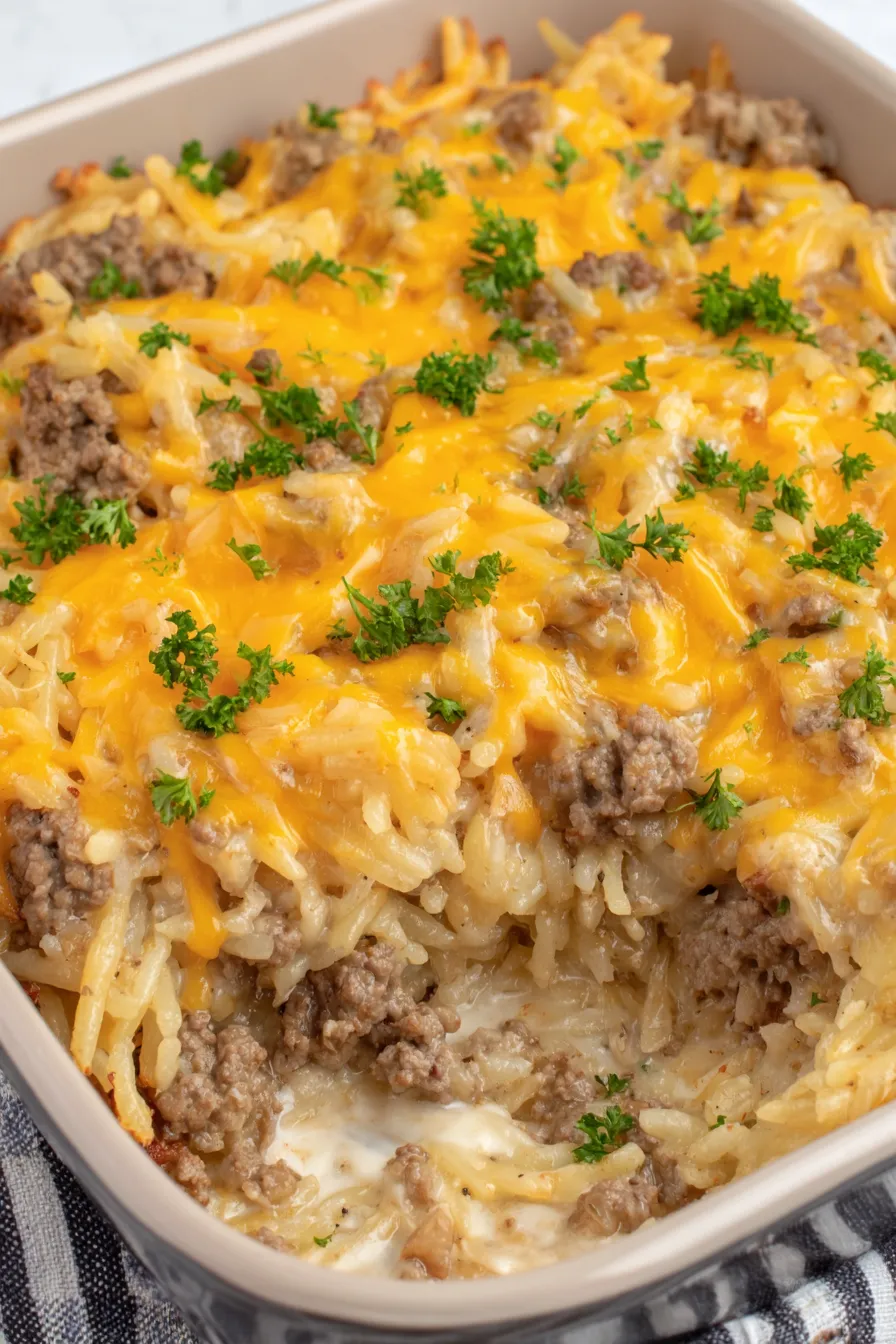 Generous scoop of cheesy hashbrown casserole on a plate