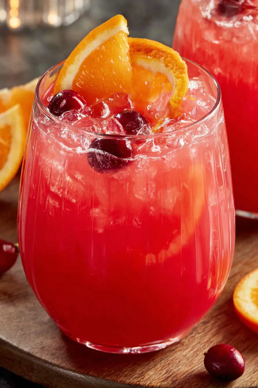 Christmas Morning Punch in a clear pitcher with orange slices