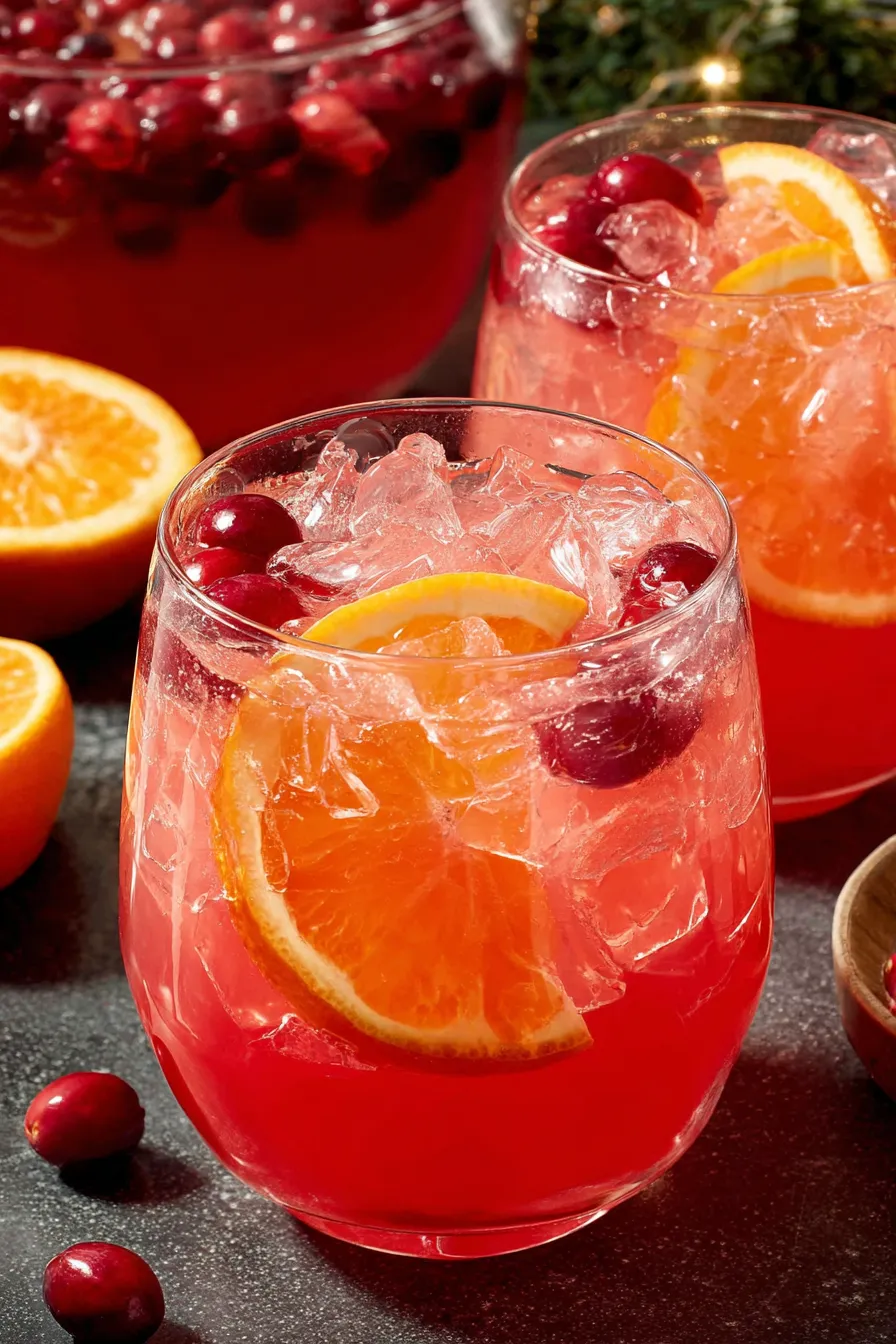 Glasses of bright red punch garnished with orange slices