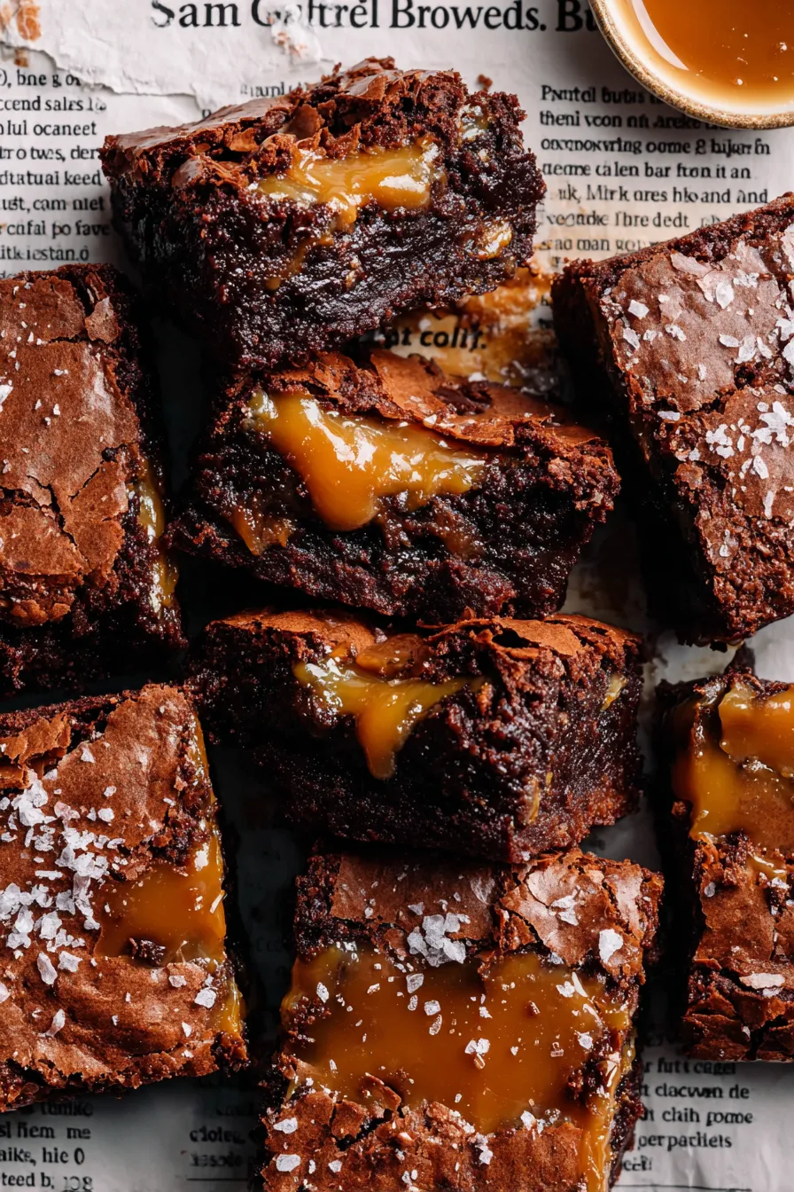 Close-up of caramel oozing from a brownie cut