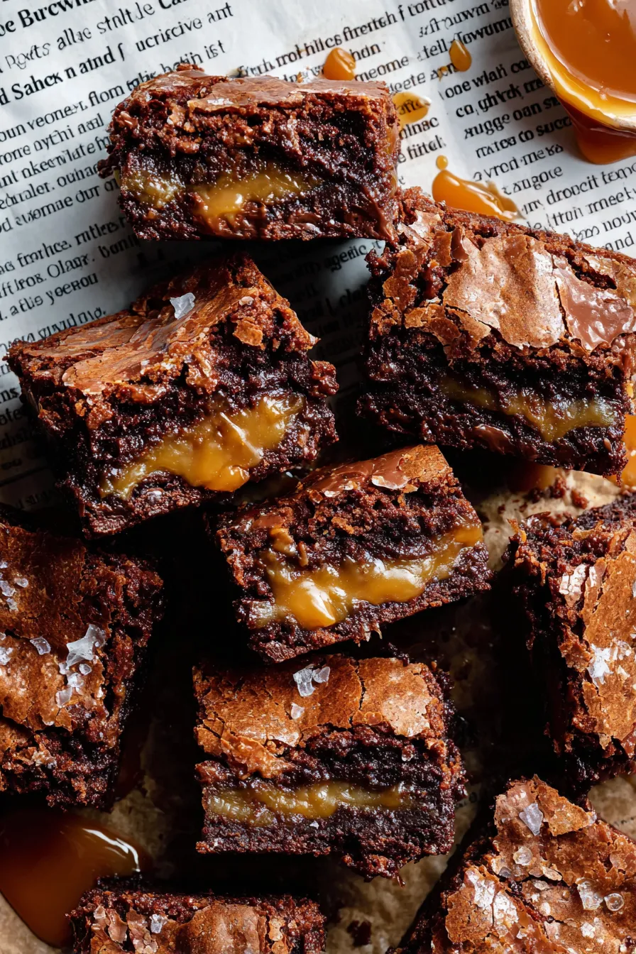 Two salted caramel-stuffed brownies stacked on plate