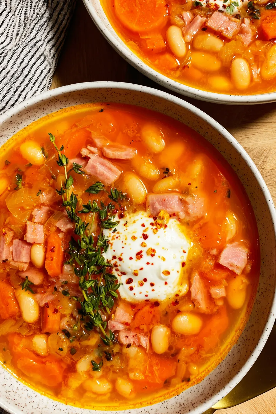 Bowl of ham and white bean soup with garnish