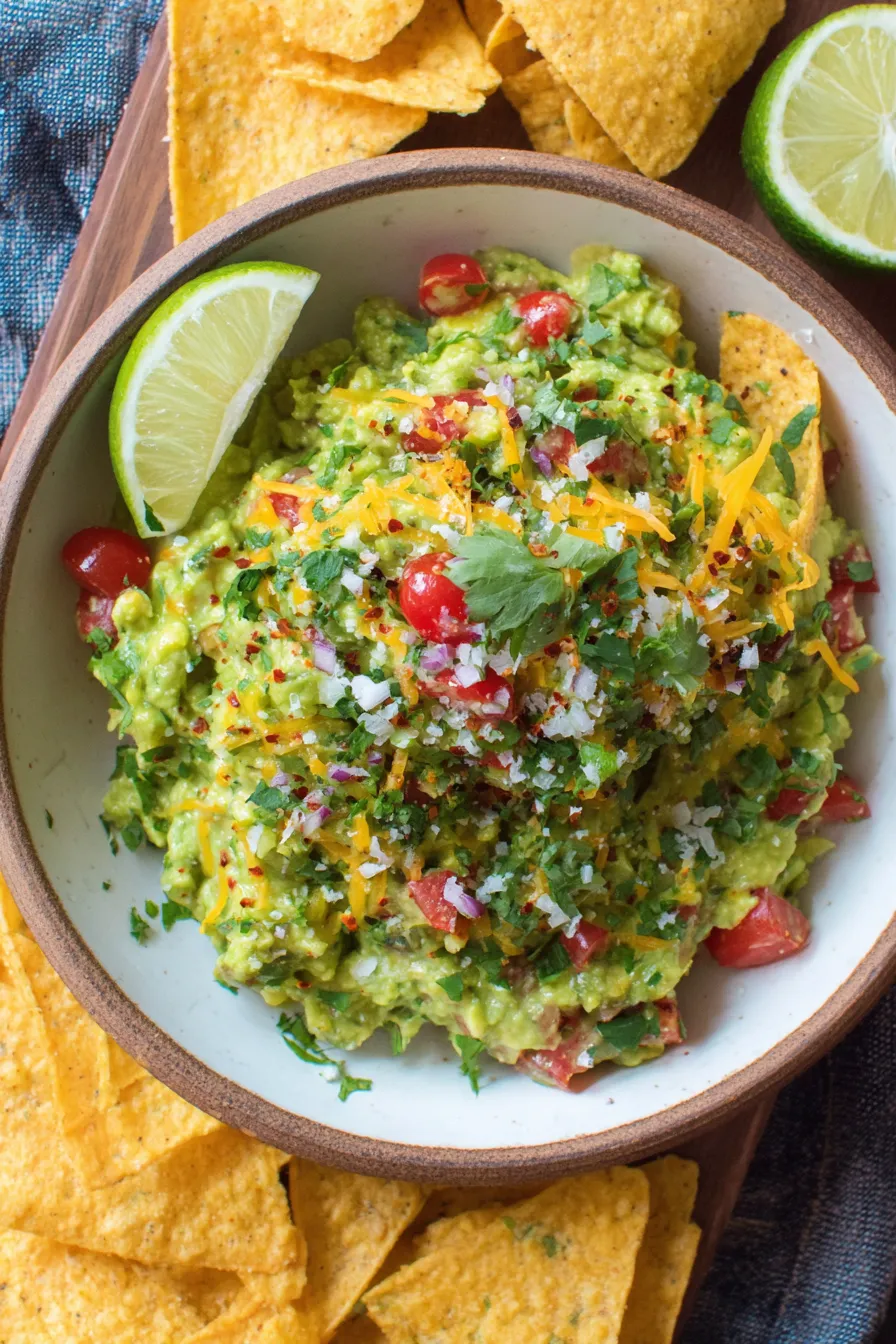 Bowl of cheesy guacamole ready to serve