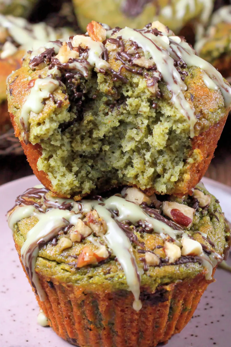 Freshly baked matcha muffins with white chocolate drizzle