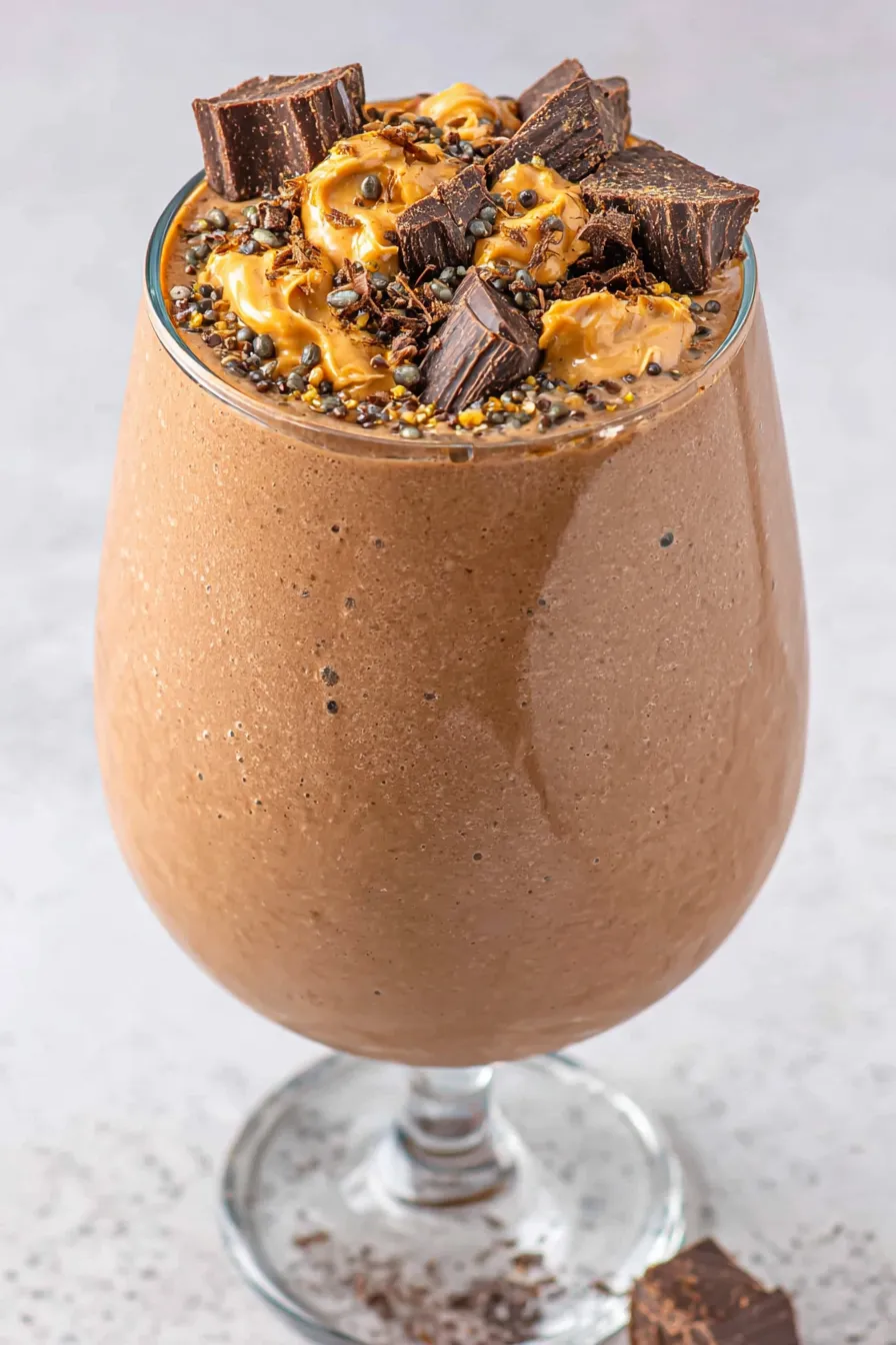 Peanut Butter Cup Smoothie - blended in glass with chocolate bits