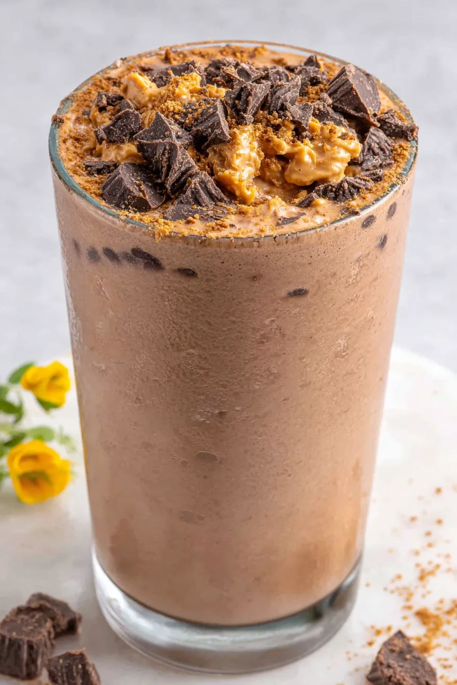 Two glasses of peanut butter cup smoothie on a table