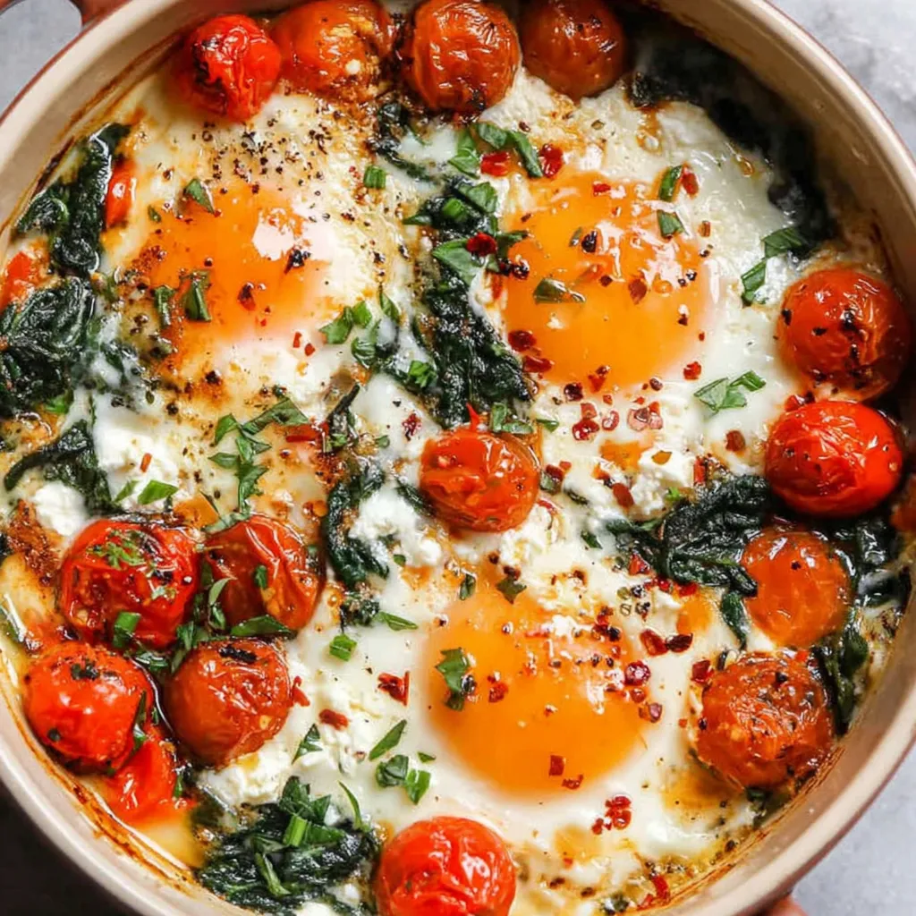 Baked Feta Eggs with Cherry Tomatoes and Spinach