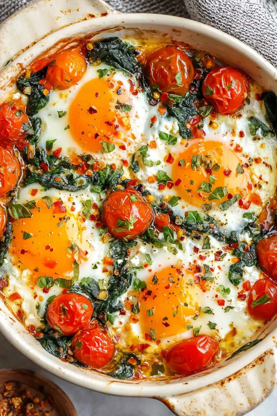 Close-up of egg yolk over roasted tomatoes and feta