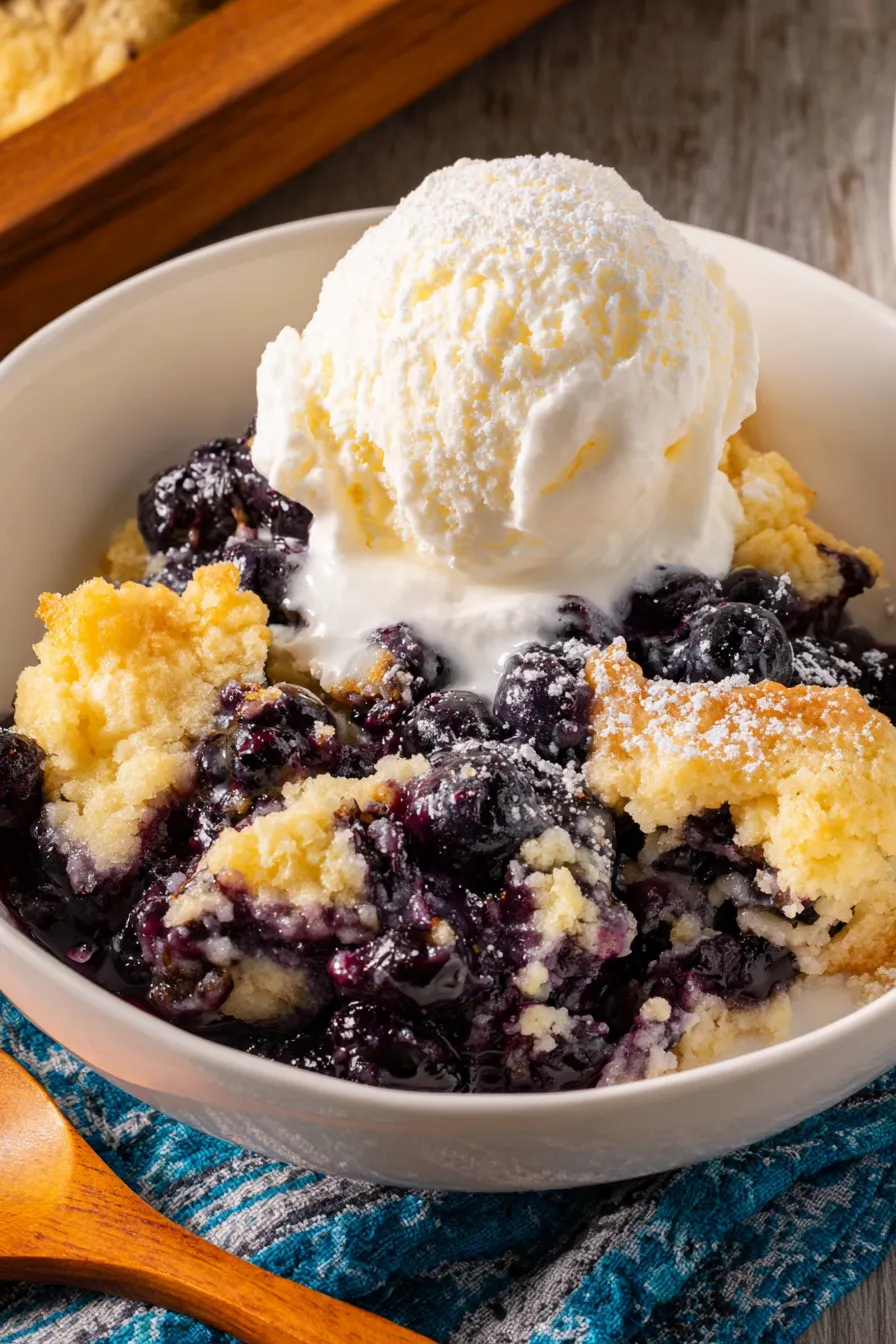 Easy blueberry cobbler bubbling in a baking dish
