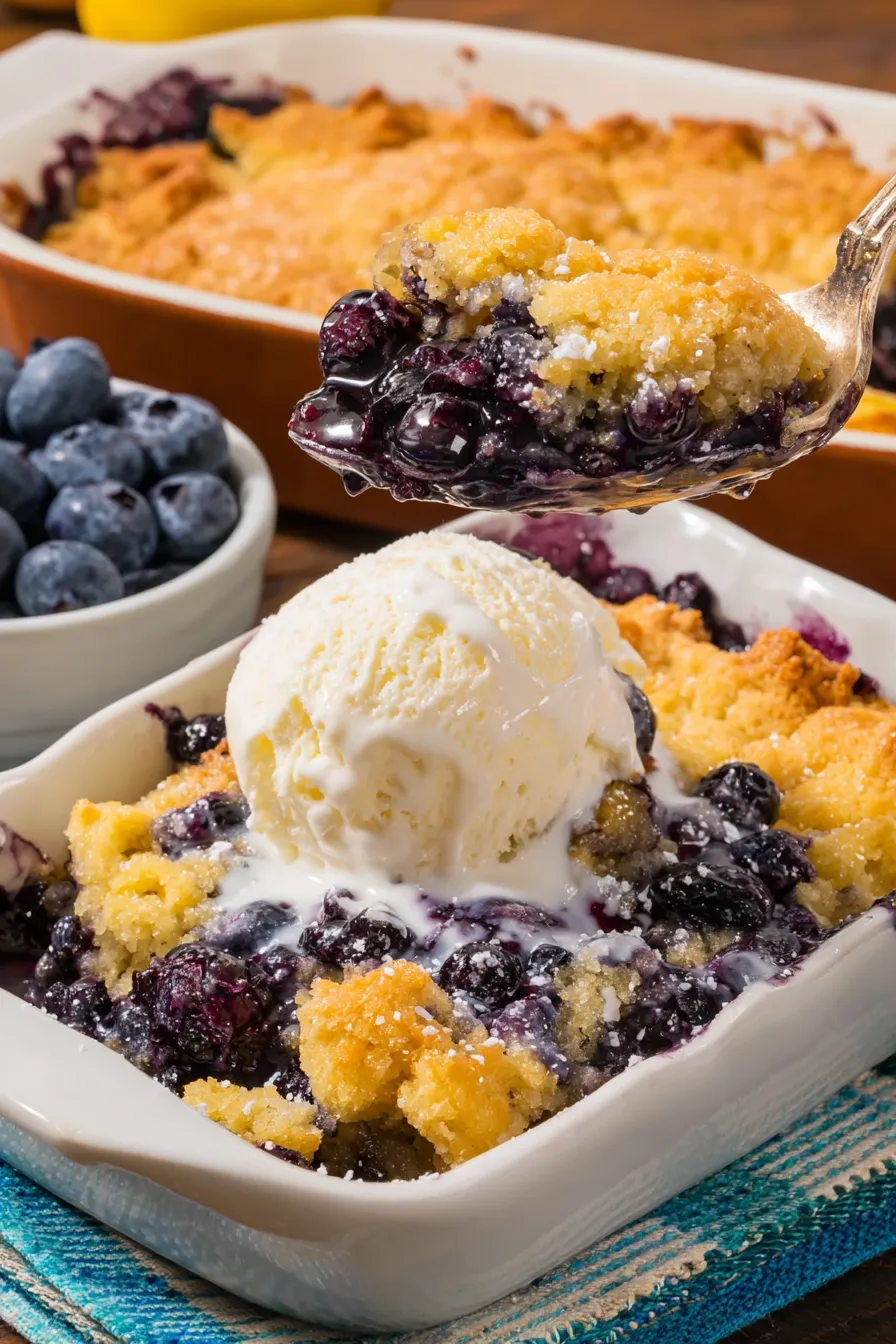 Serving suggestion with a scoop of ice cream on blueberry cobbler