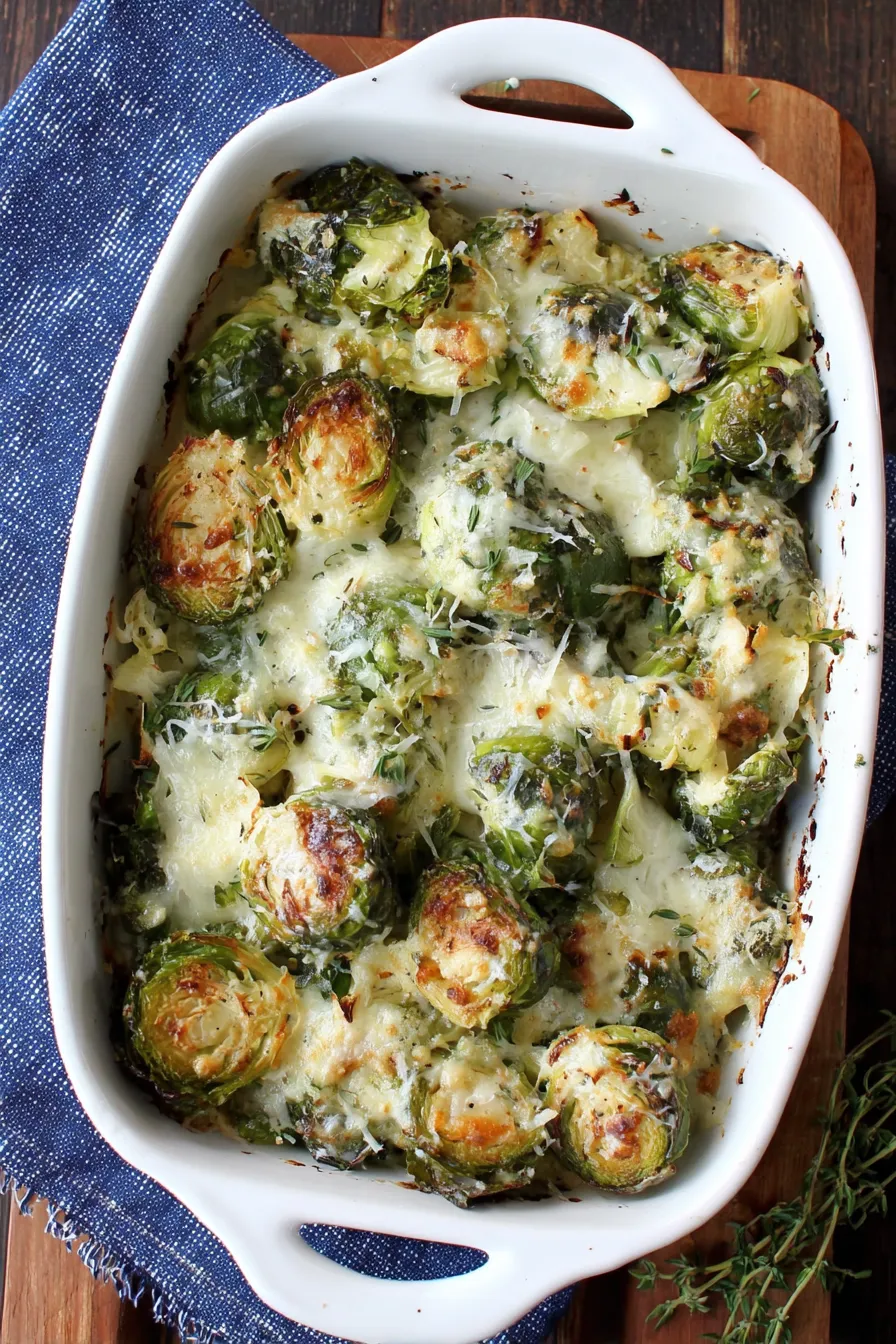 Roasted Brussels sprouts and gratin before baking