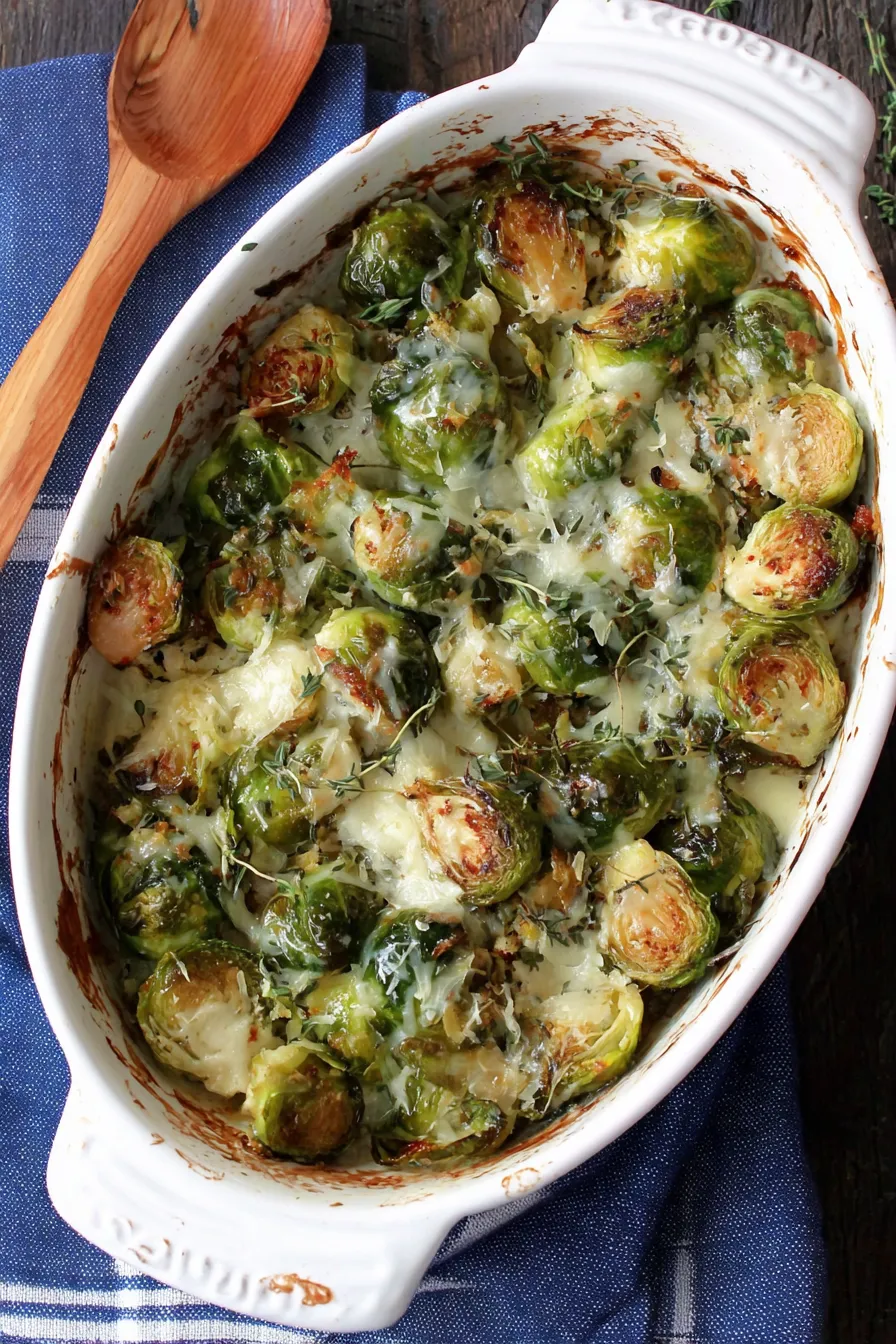 Finished Brussels sprouts gratin with golden top