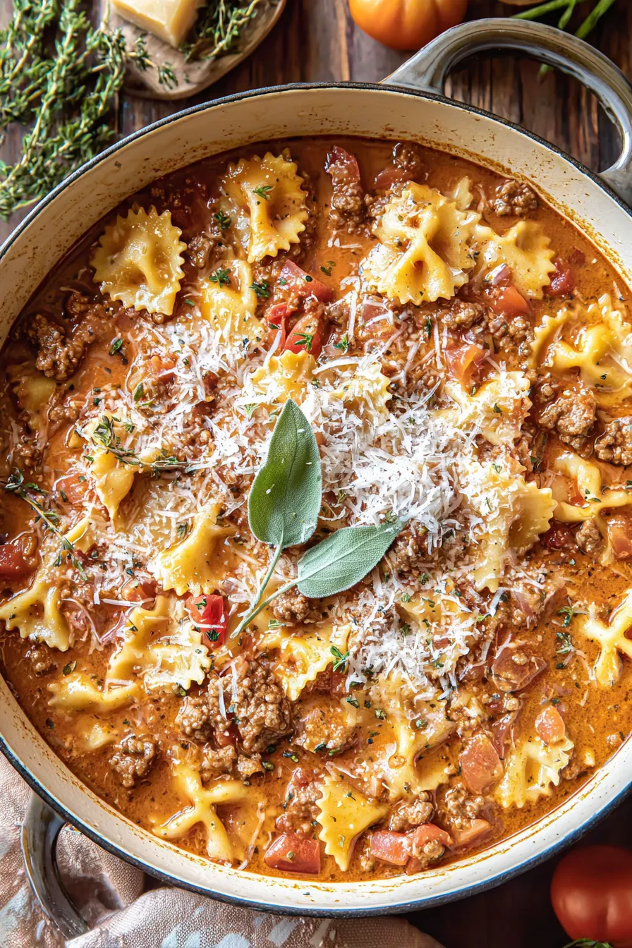 Bowl of spicy lasagna soup topped with parmesan and herbs