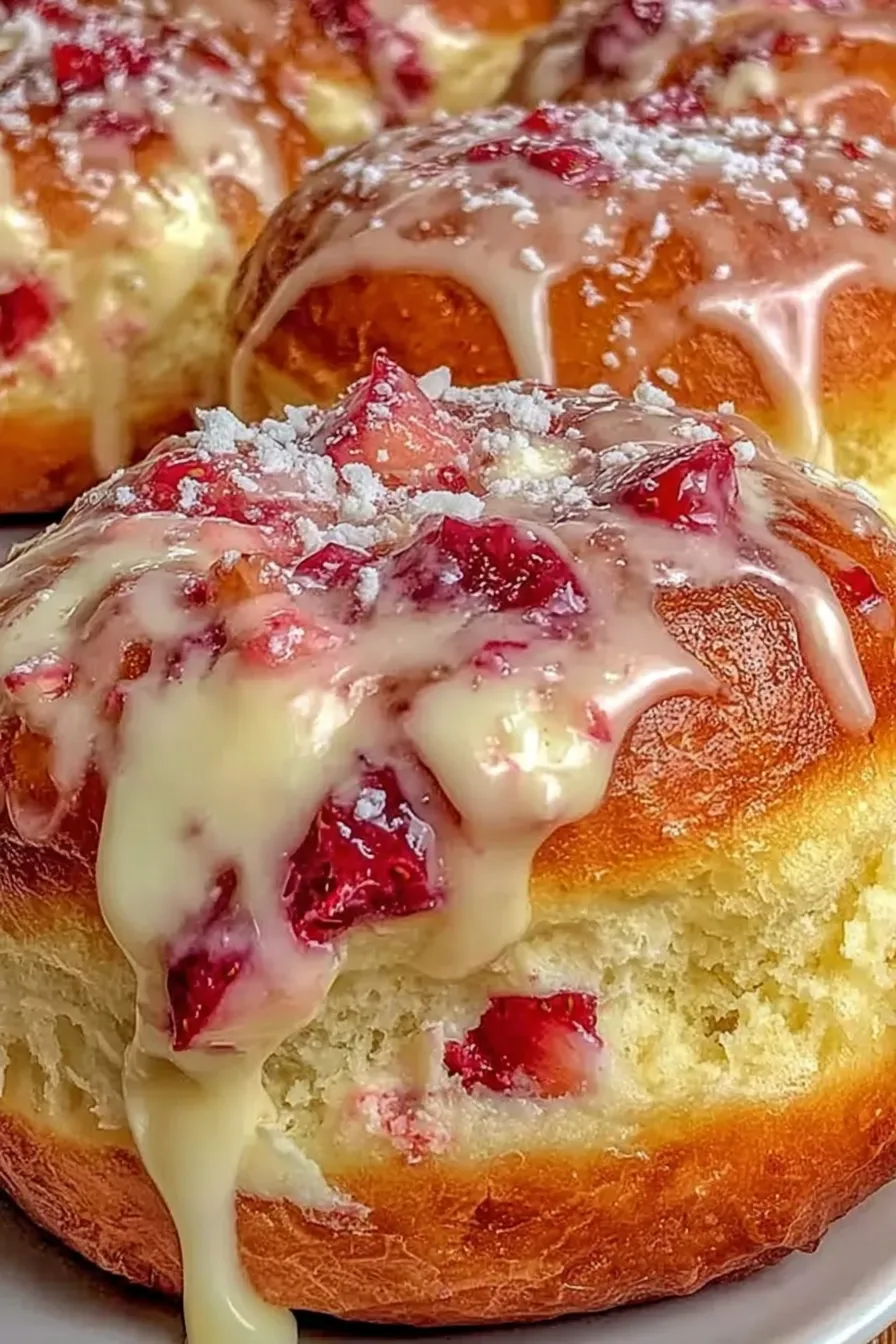Stack of glazed strawberry cheesecake donuts on a plate