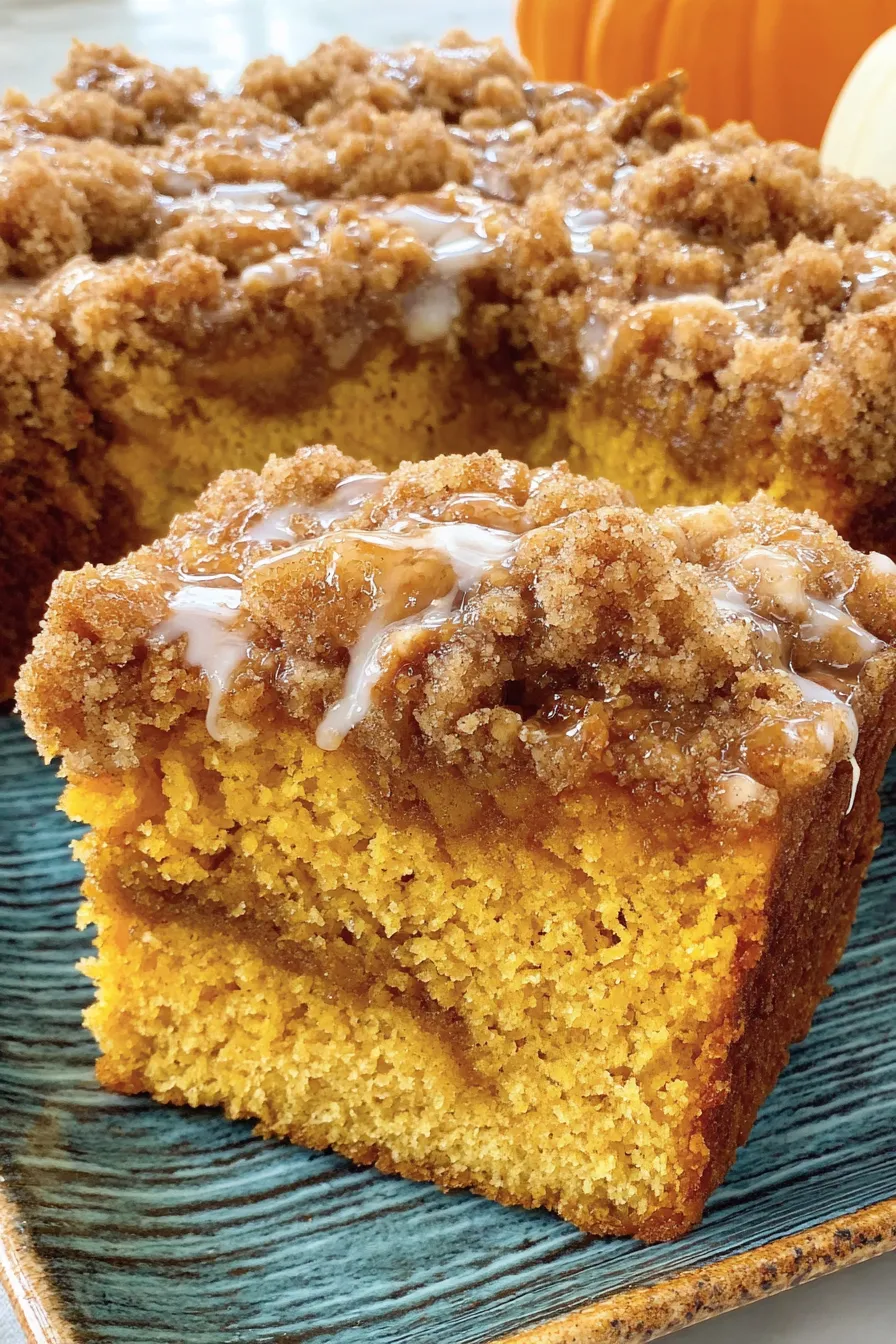 A slice of sourdough pumpkin coffee cake on a plate
