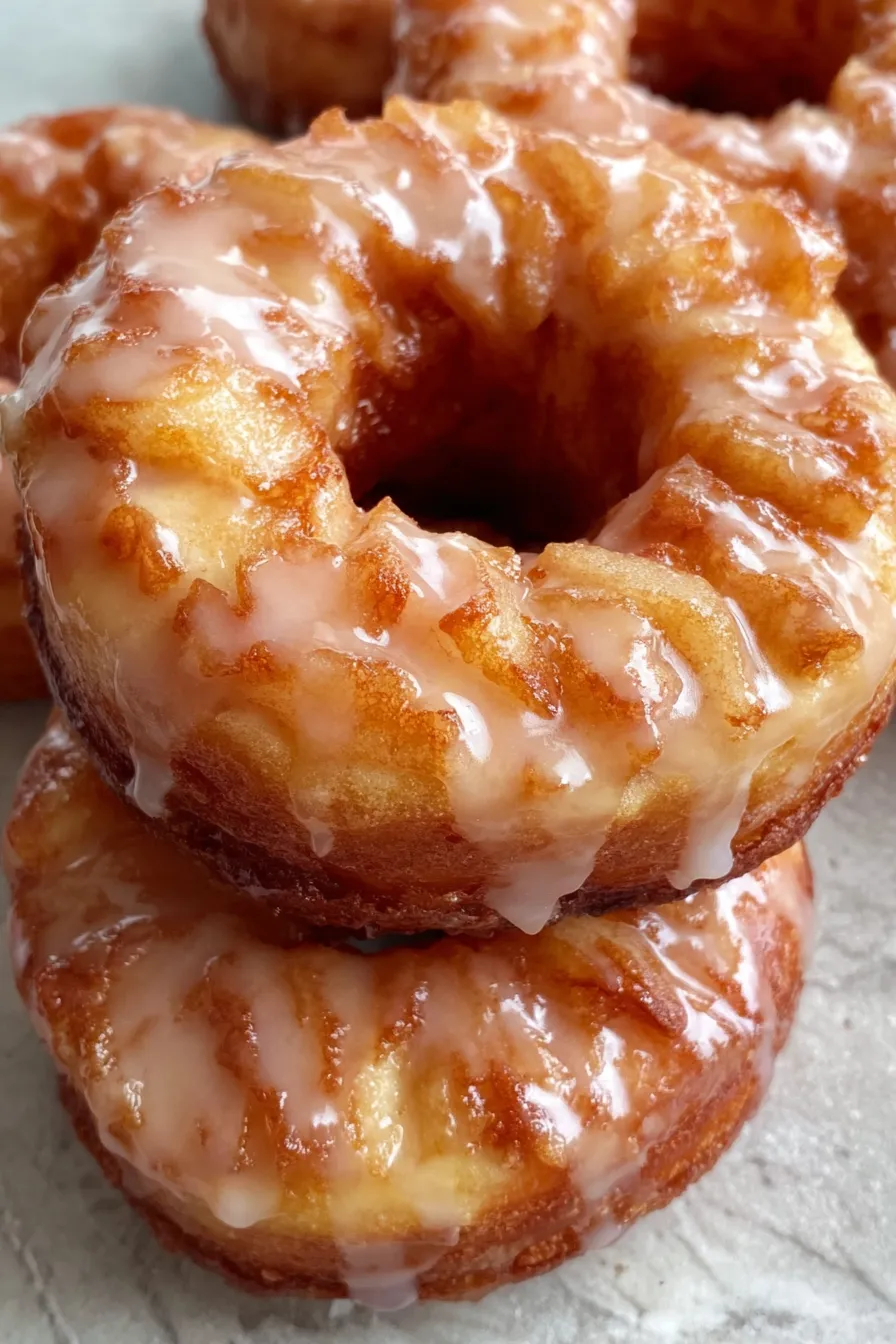 Close-up of glazed apple donut with visible apple pieces