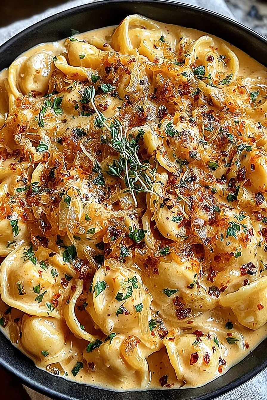 Creamy onion pasta in a bowl garnished with parsley