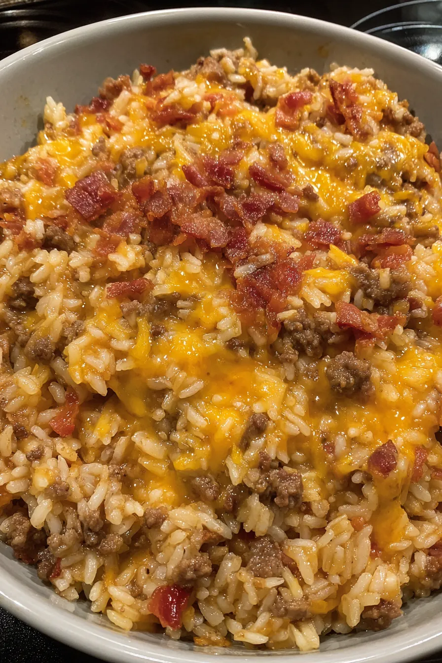 Bacon cheeseburger rice cooking in a skillet with melted cheddar
