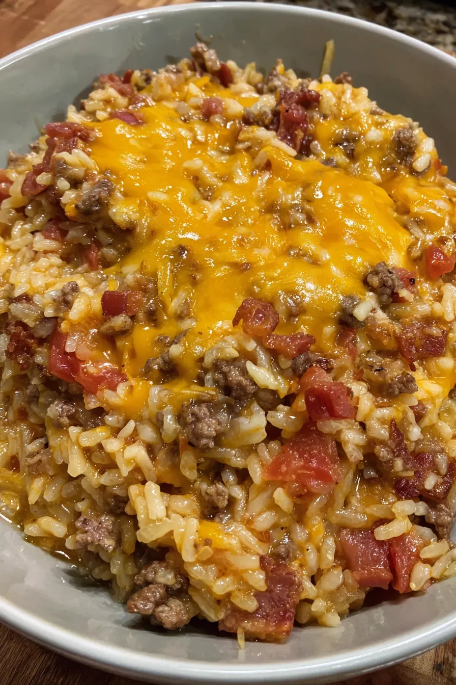 Close-up of a hearty scoop of bacon cheeseburger rice topped with extra bacon