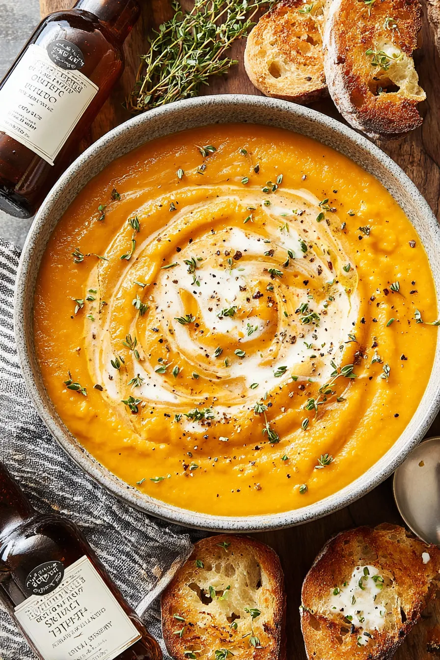 Creamy butternut squash soup in a bowl garnished with thyme
