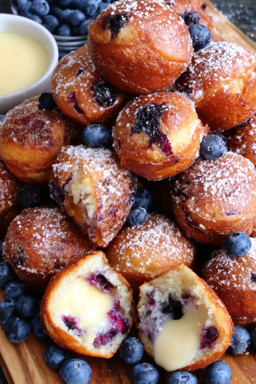 Close up of a single blueberry fritter bite topped with powdered sugar