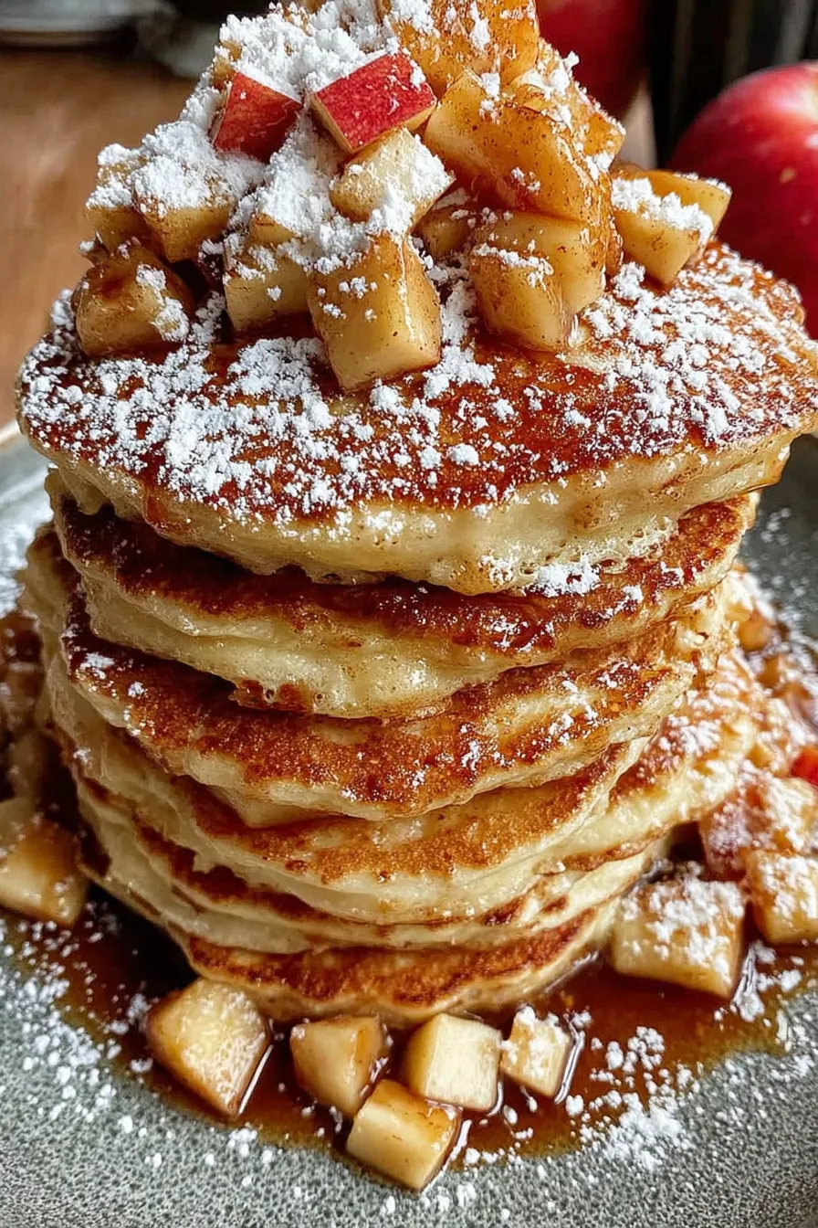 Stack of apple pancakes drizzled with syrup