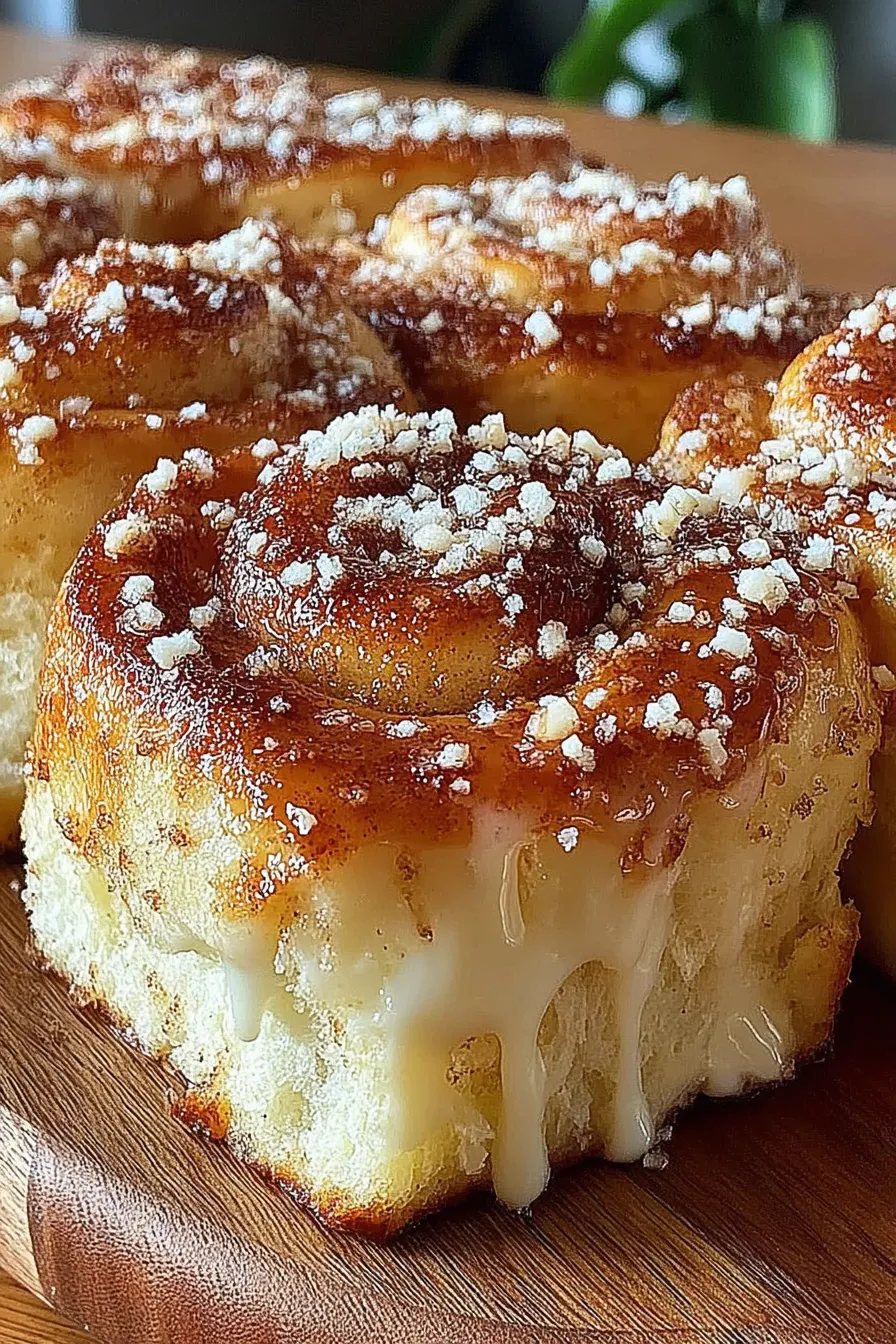 Close-up of a cinnamon sugar coated roll with cream cheese center