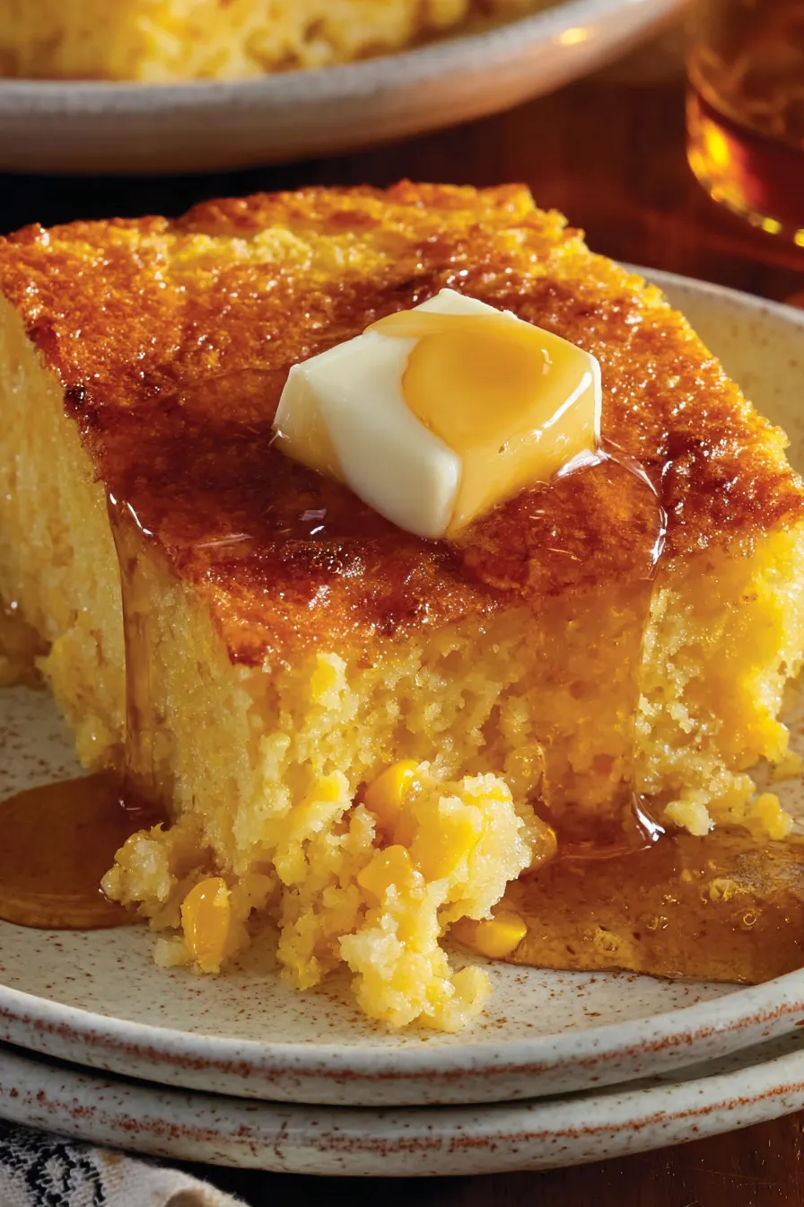 Baked honey cornbread casserole in an 8x8 pan