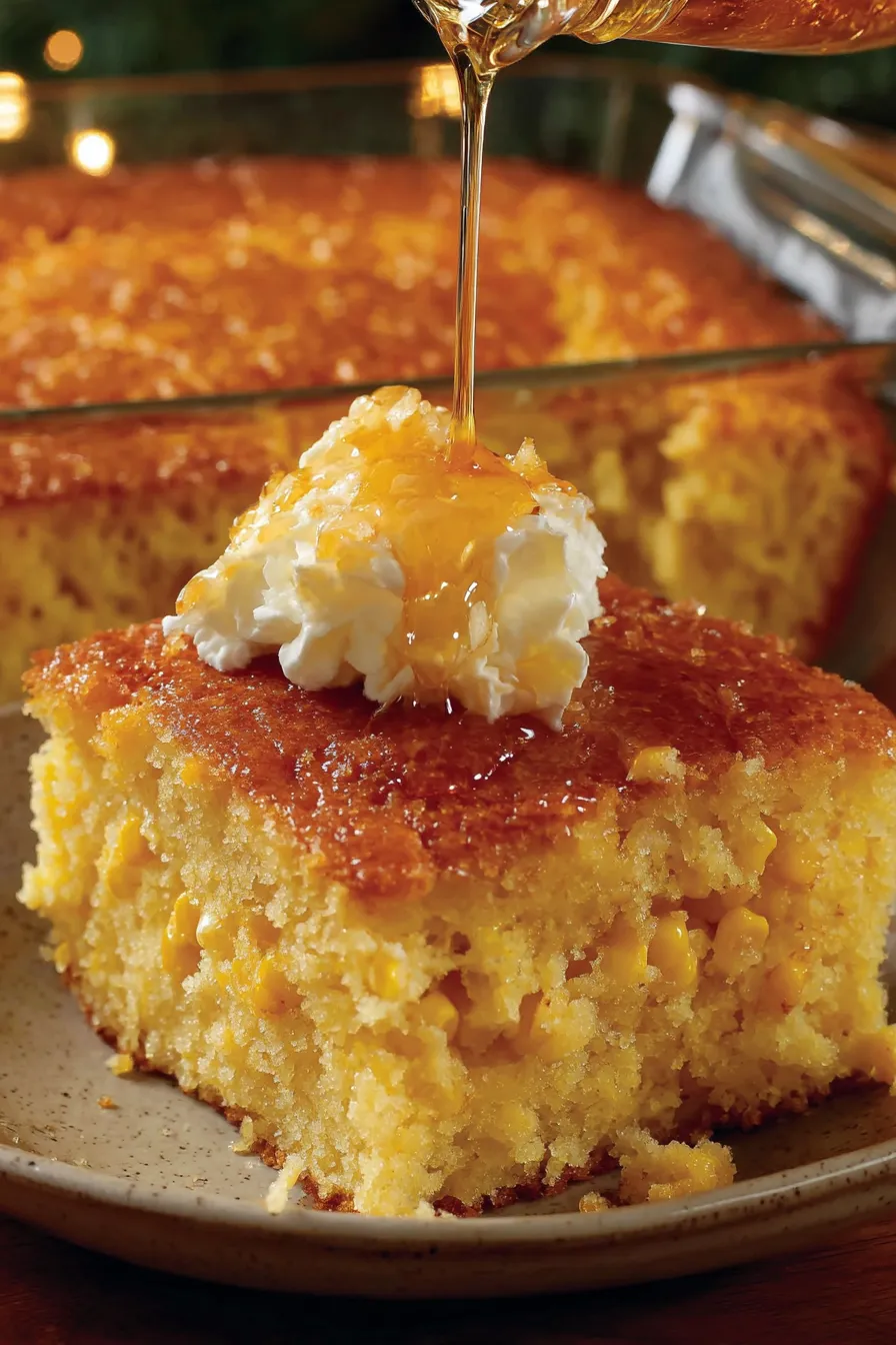 Slice of honey cornbread casserole on a plate with a dab of butter